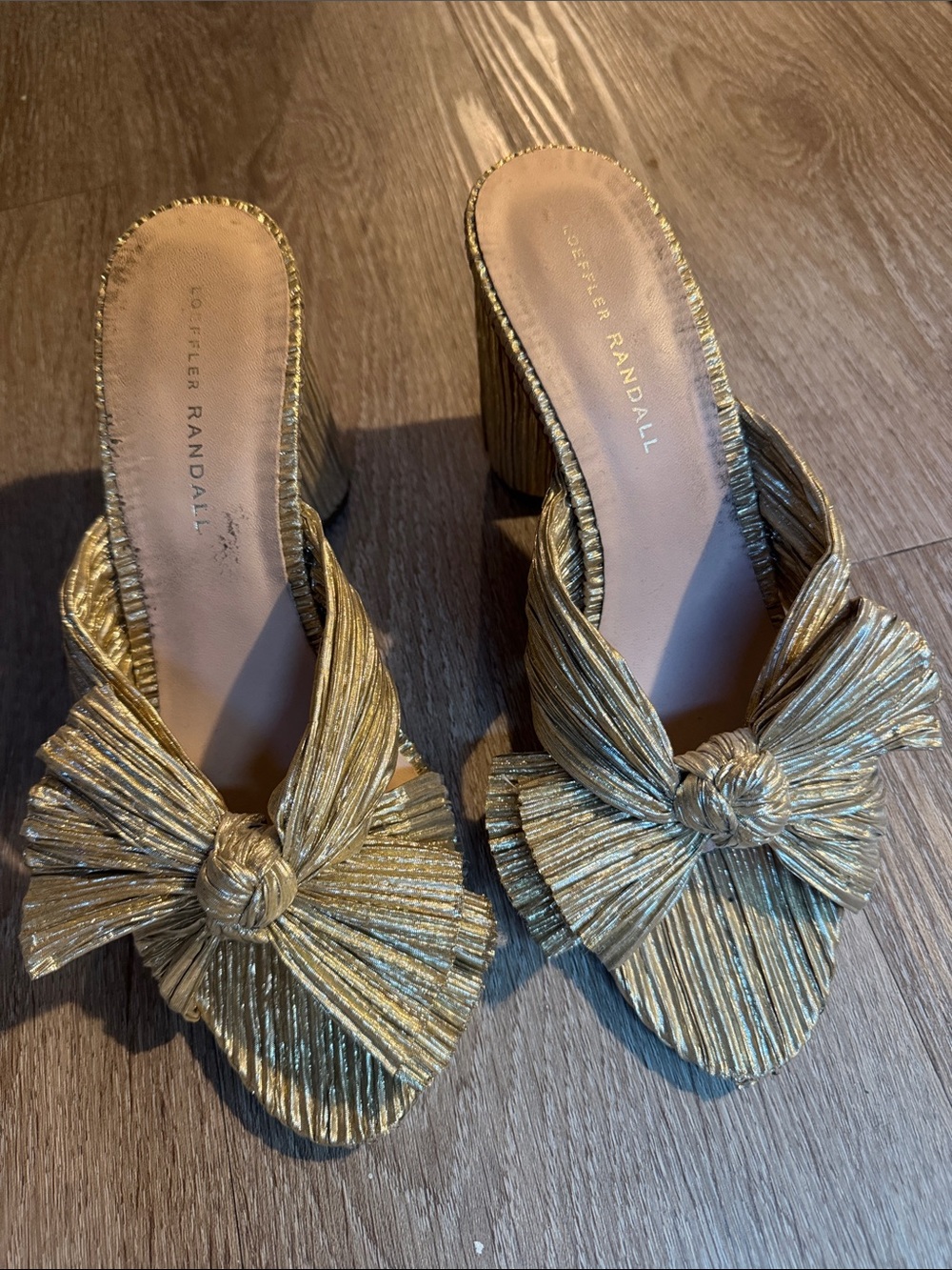 Loeffler Randall Gold Knotted Bow Metallic Pleated Mule Heels